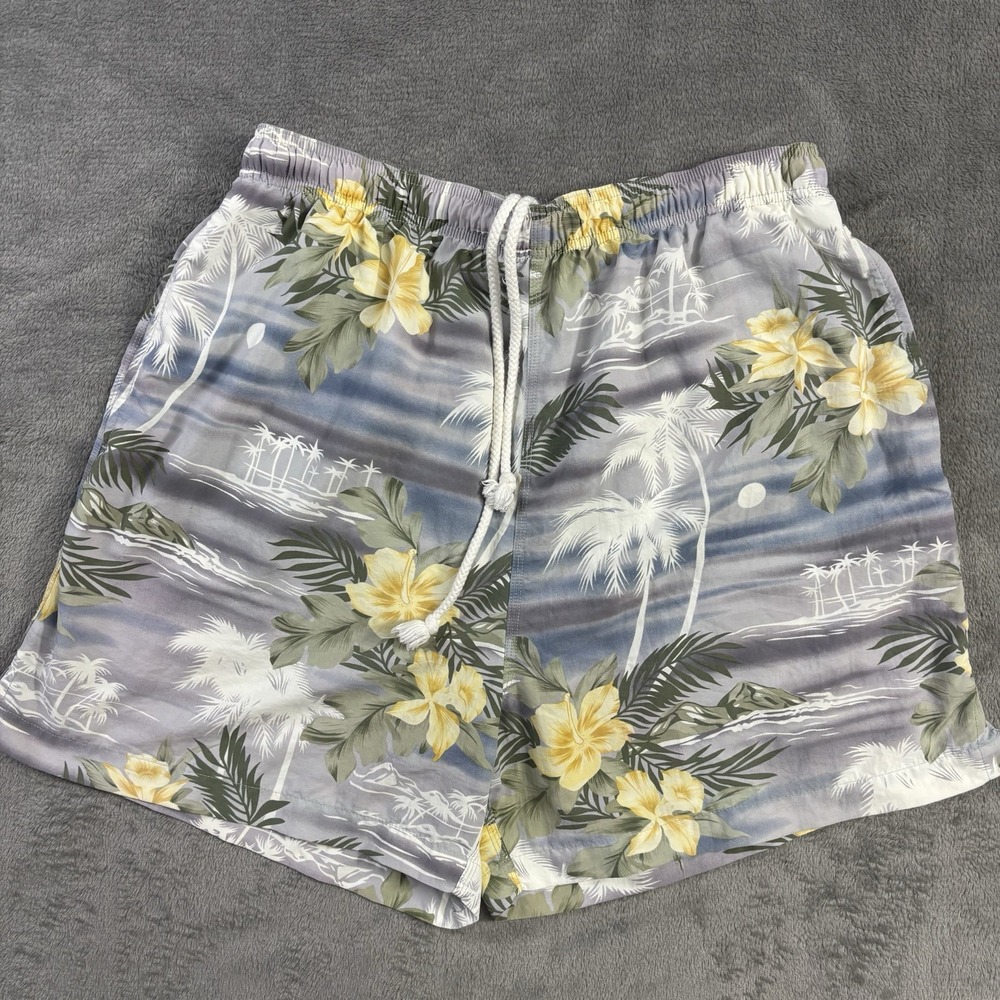 Tommy Bahama Swim Trunks Mens L Grey Floral Tropical Hibiscus Nylon Board Shorts